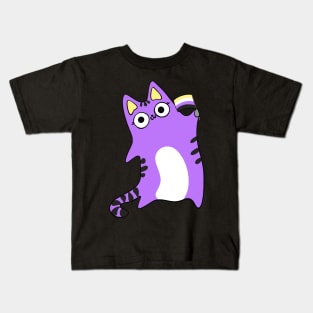 Nonbinary Pride Flag Waving Purple Cat Queer LGBTQIA non binary Kids T-Shirt